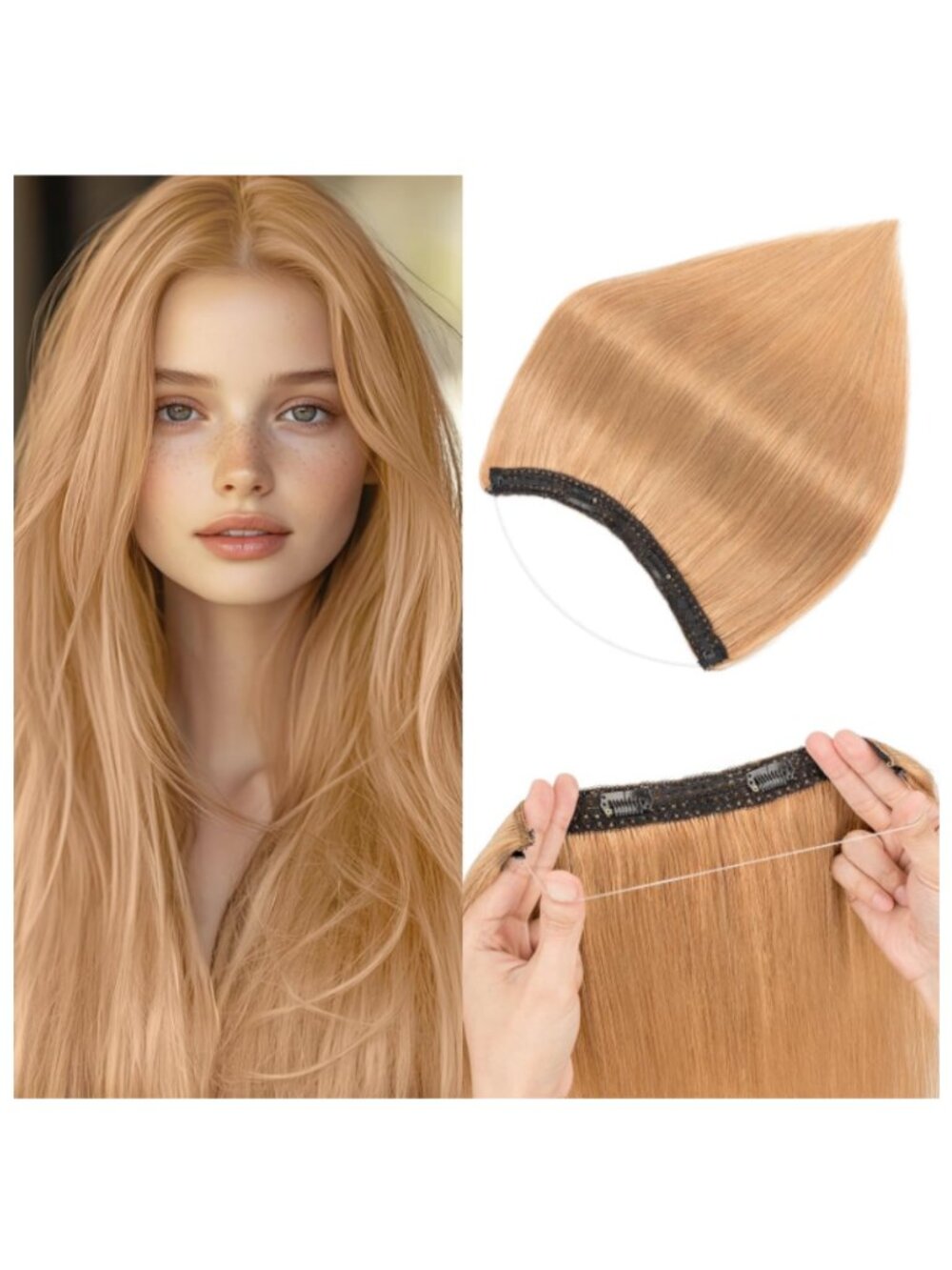12" Dark Blonde Real Human Hair Halo Extension, Clip-In Wire Straight Remy